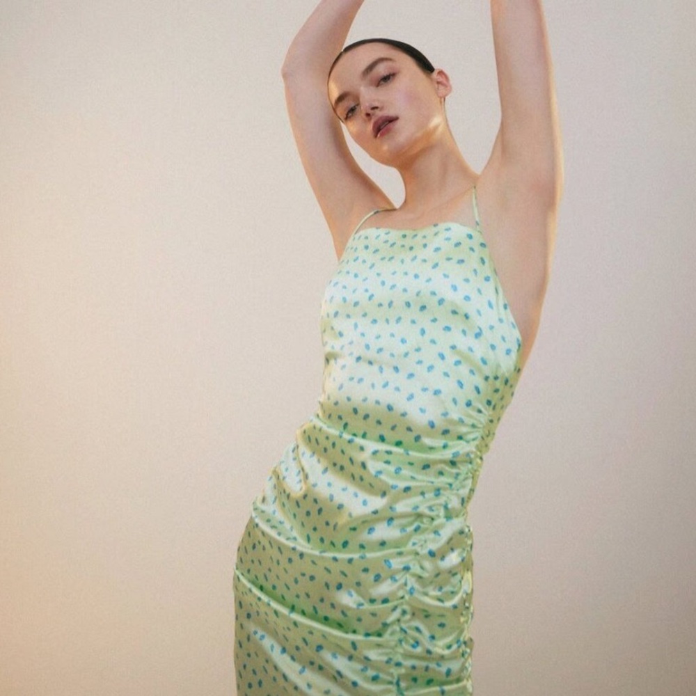 ZARA Satin Ruched Light Green Dress with Blue Floral Accents Open Back Size M